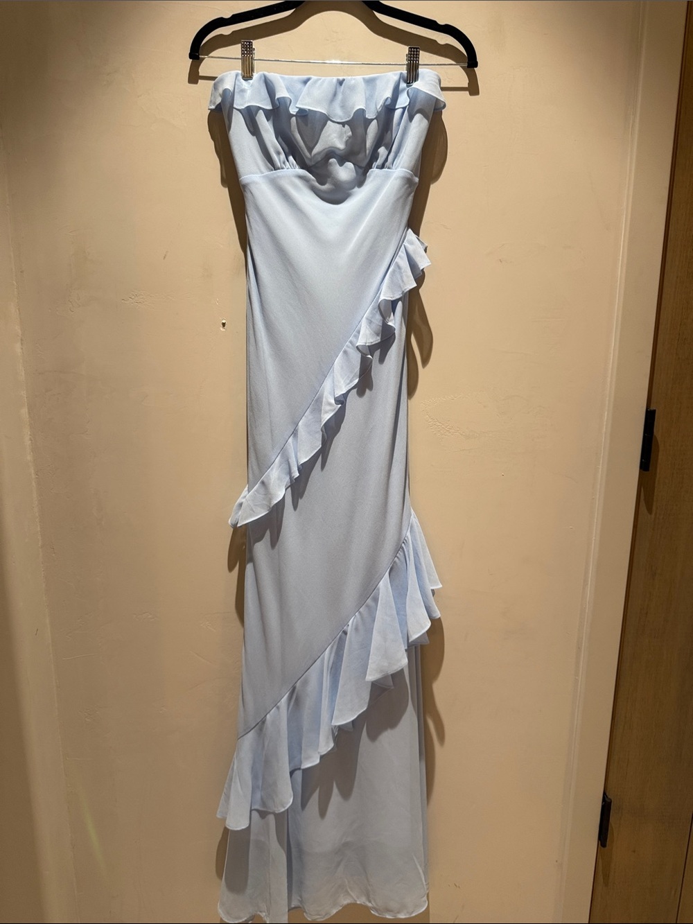 Isabelle’s cabinet- Strapless Light Blue Ruffle Maxi Dress- never worn